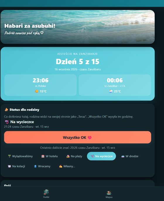 Ekran „Dziś” w aplikacji: dzień wyjazdu, czas lokalny, pogoda i status dla rodziny